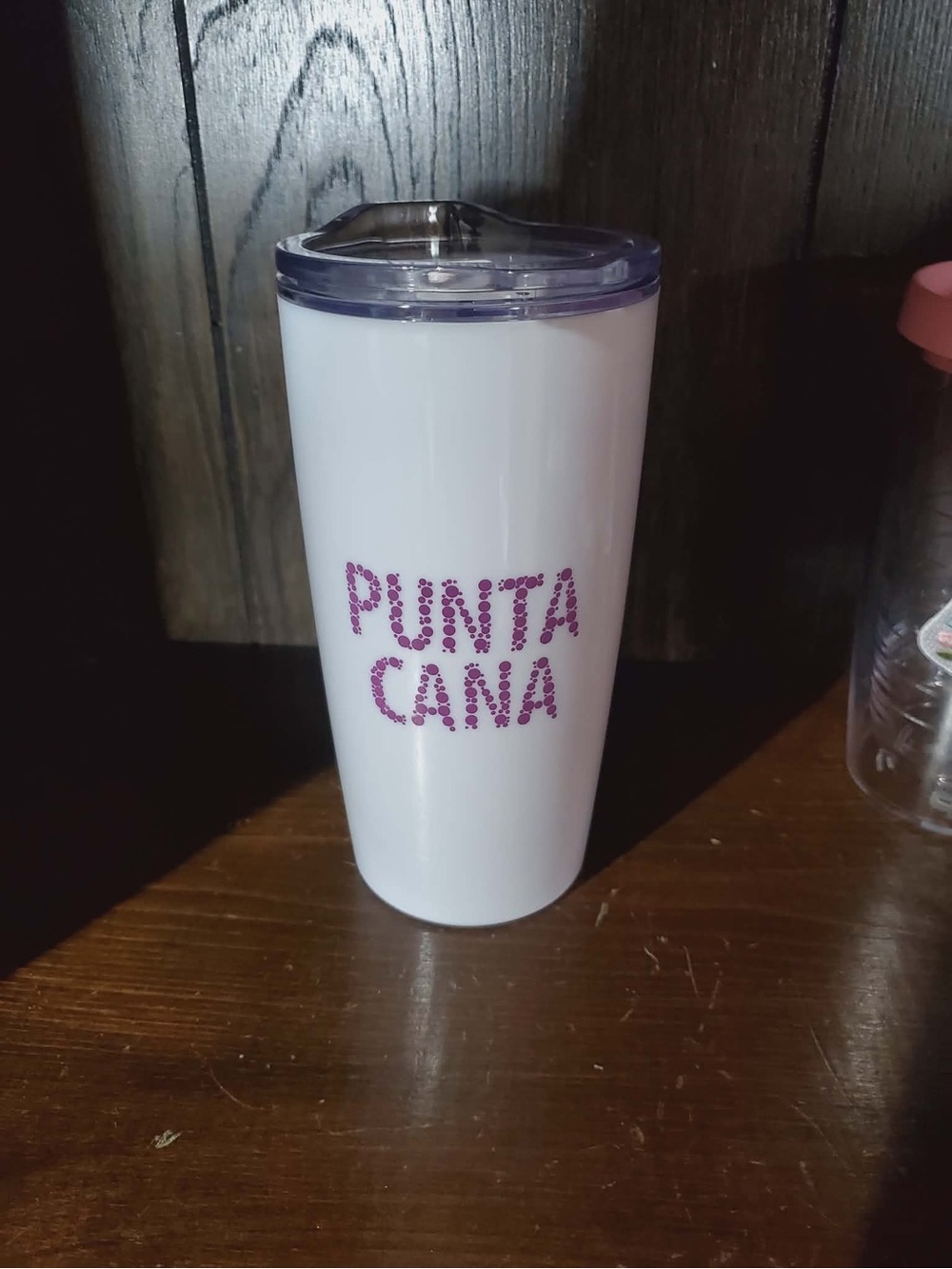 Punta Cana White Travel Tumbler with Purple Text